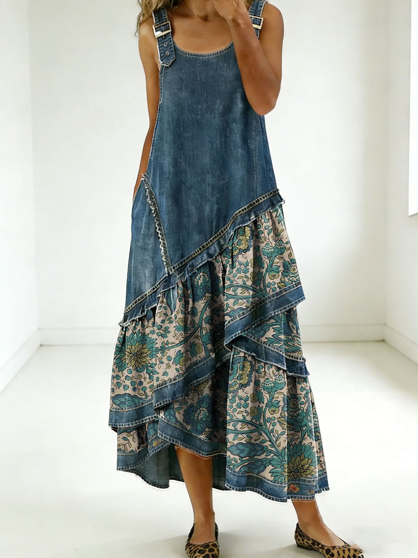 Women's Fashion Floral Denim Design Sleeveless Multi-layered Ruffled Strap Dress