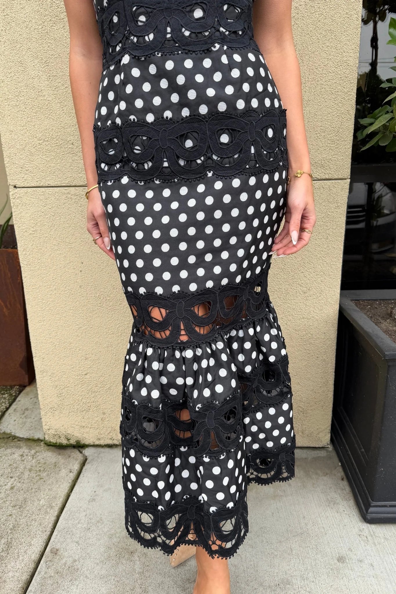 Black & White Polka Dot Lace Cutout Midi Dress