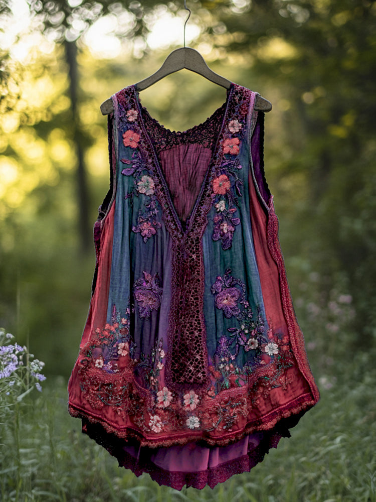 Boho Lavender Lace Art Linen Lace Patchwork Art Sleeveless Tank Top