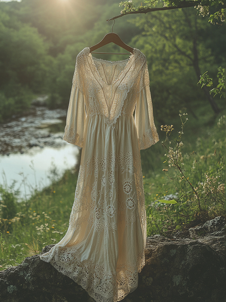 Vintage Lace Art Linen Maxi Dress