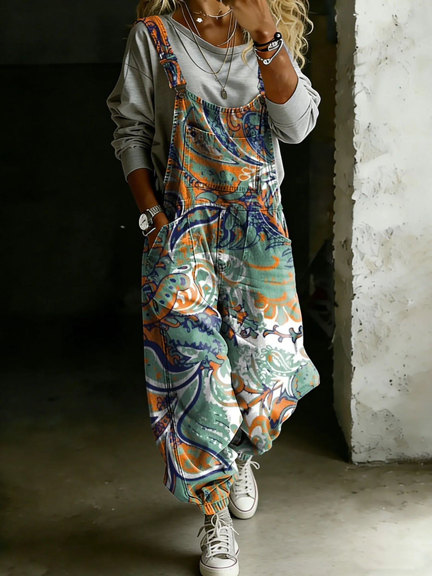 Women’s Vintage Ethnic Floral Art Print Casual One Piece Denim Jumpsuit