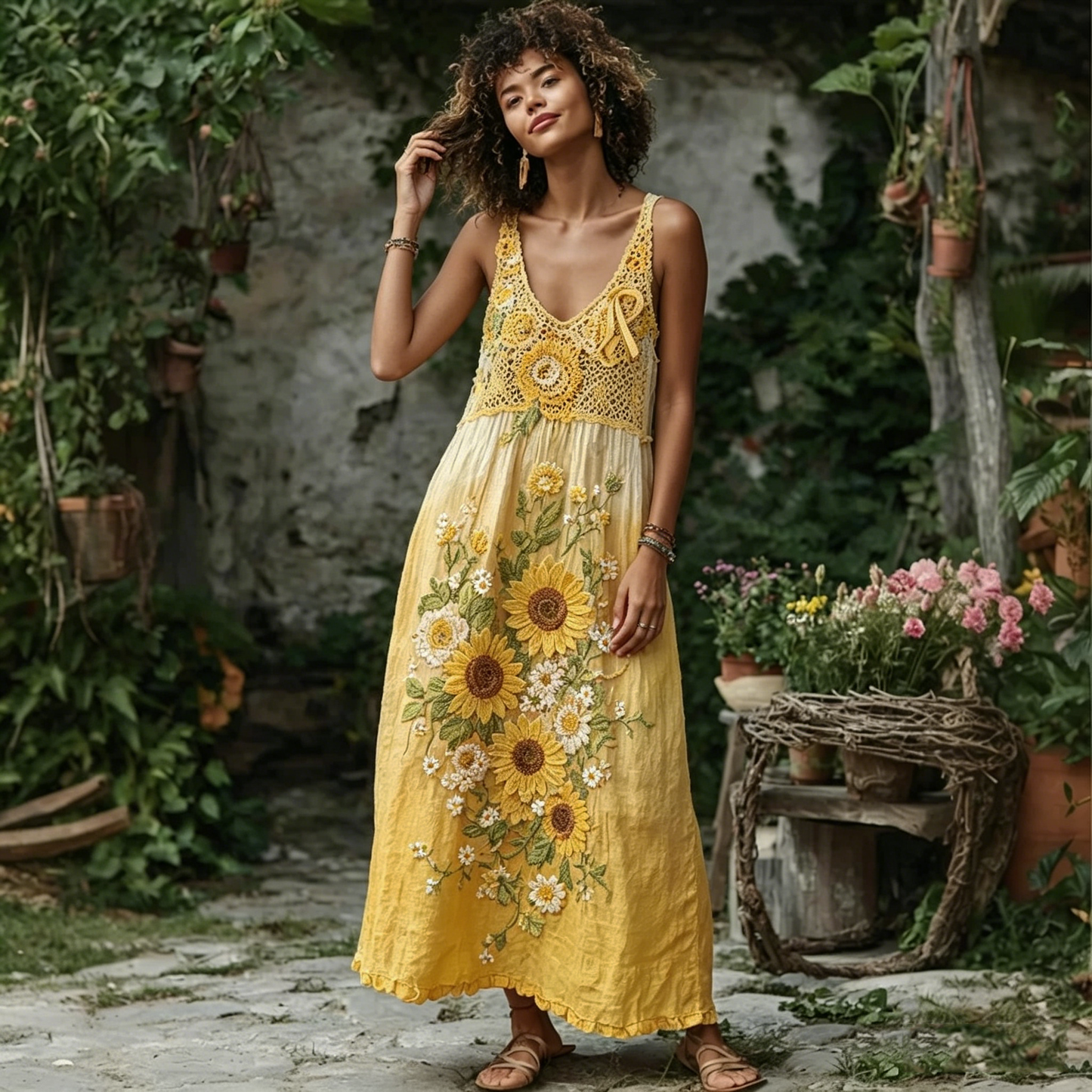 Women's Sunflower Crochet Embroidered Boho Maxi Dress