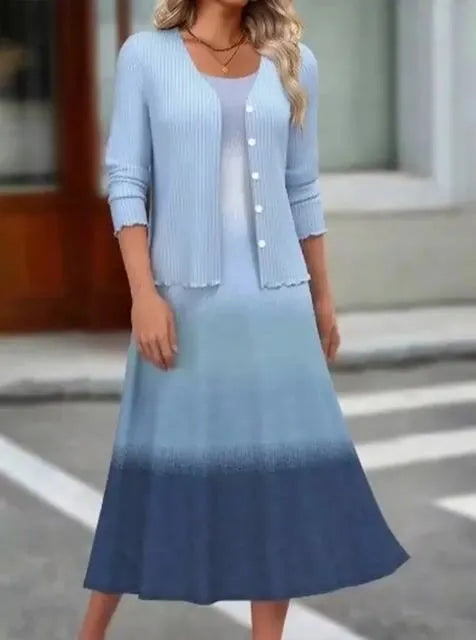 Women's Casual Round Neck Vest Gradient Dress Plus Cardigan Set