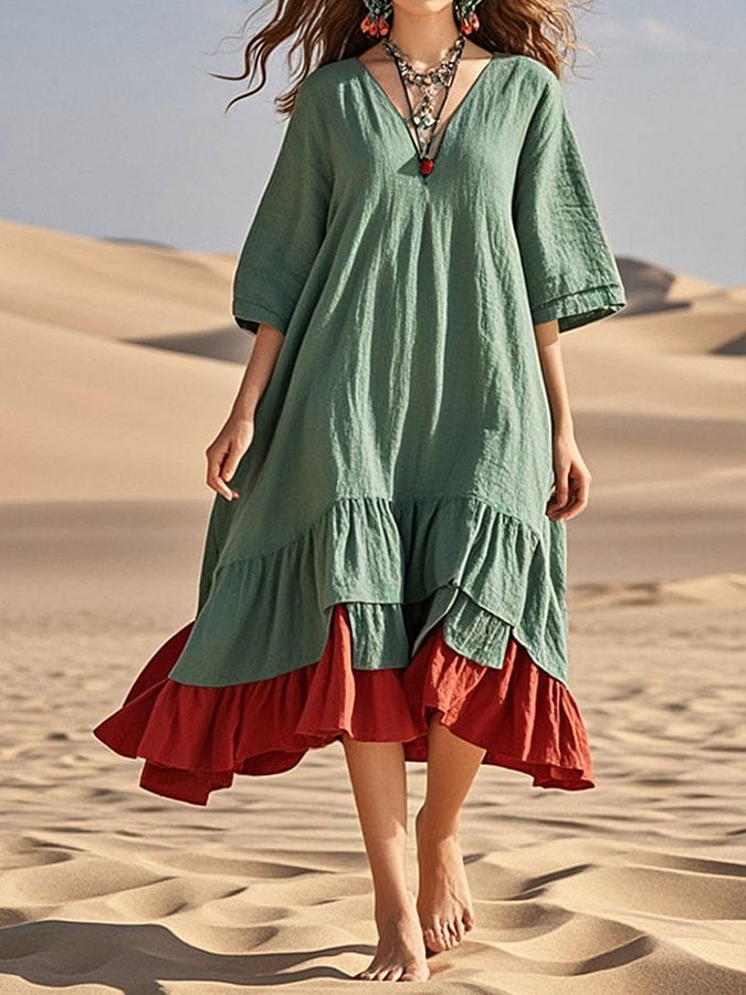 Women's cotton and linen red and green colorblock casual dress