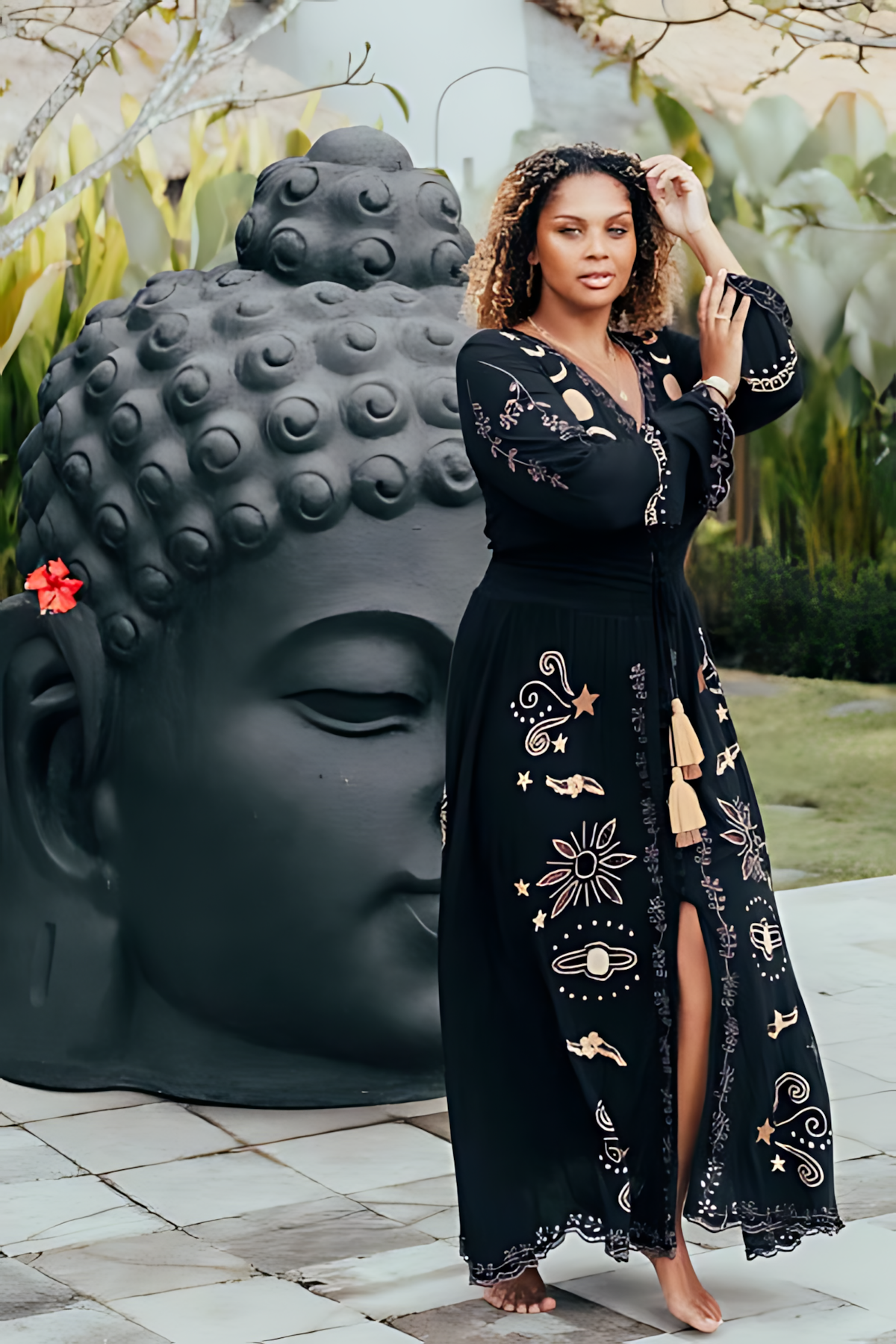 Bohemian Style Tie-Waist V-Neck Button Front Maxi Dress