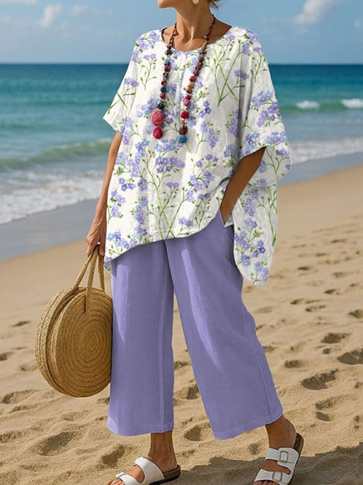 Women's Flower Print T-shirt And Pants Two Piece Set