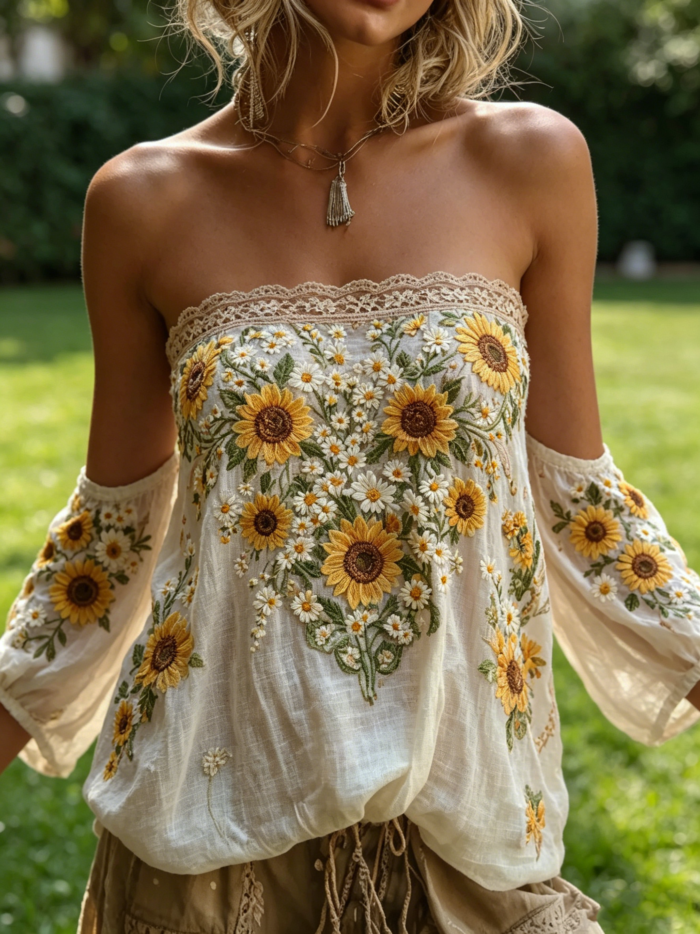 🌻 Women's Sunflower Embroidered Off-the-Shoulder Boho Blouse