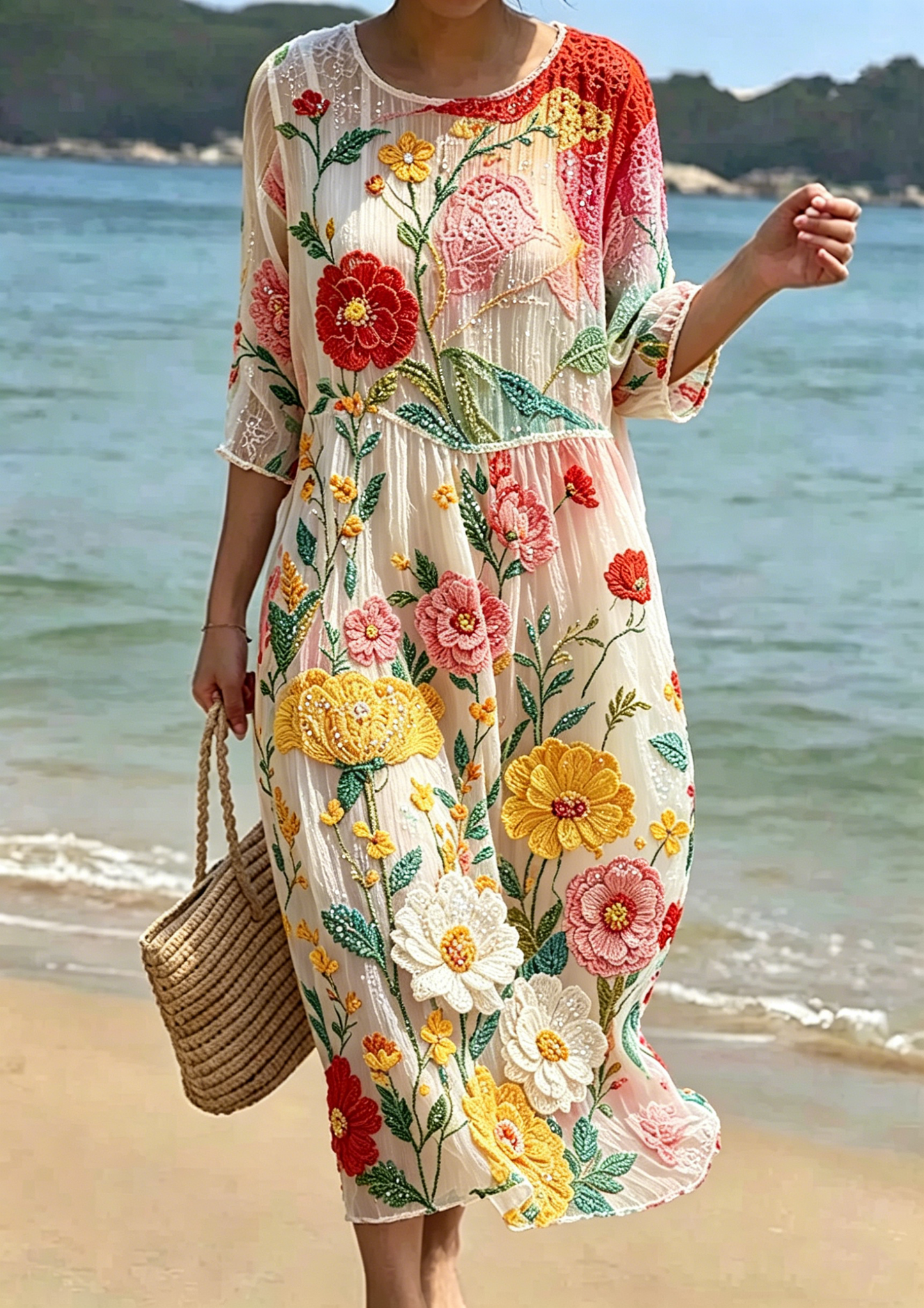 Women's Floral Embroidered Smocked Waist Midi Dress