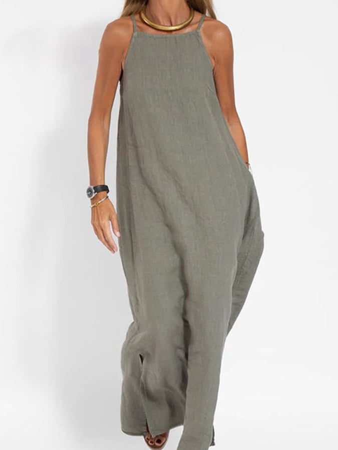 Women'S Simple Fashion Casual Cotton And Linen Slit Suspender Dress