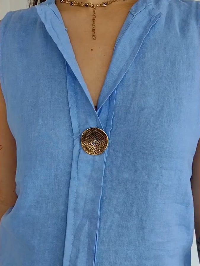 Women's Casual Button Sleeveless Cotton and Linen Dress