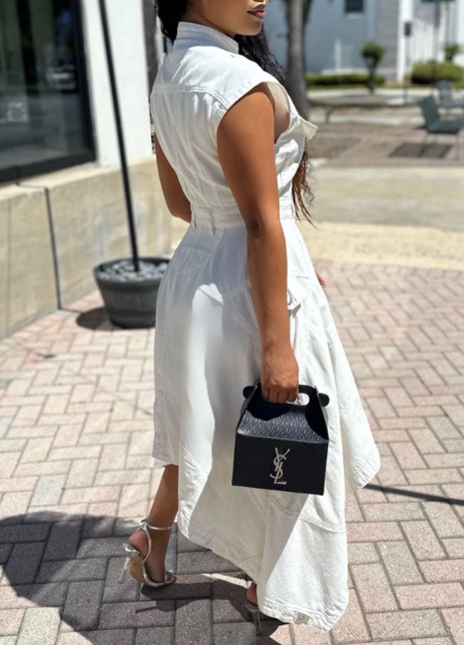 Stand Collar High-Low Hem Casual Denim Dress