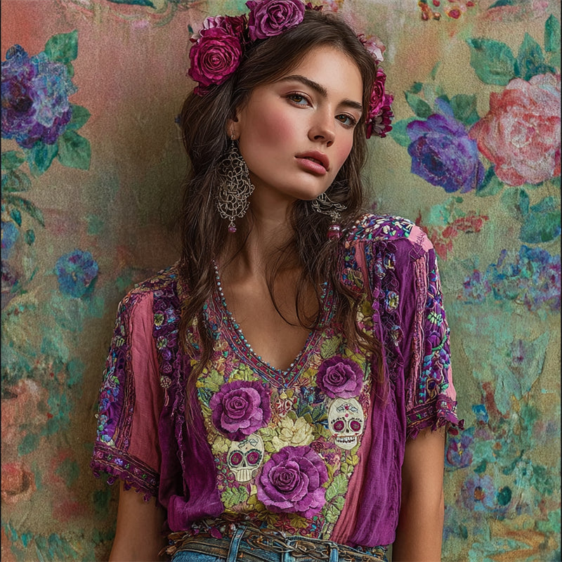 Mexican Sugar Skulls Ethnic Floral Embroidered Contrast Linen Tunic