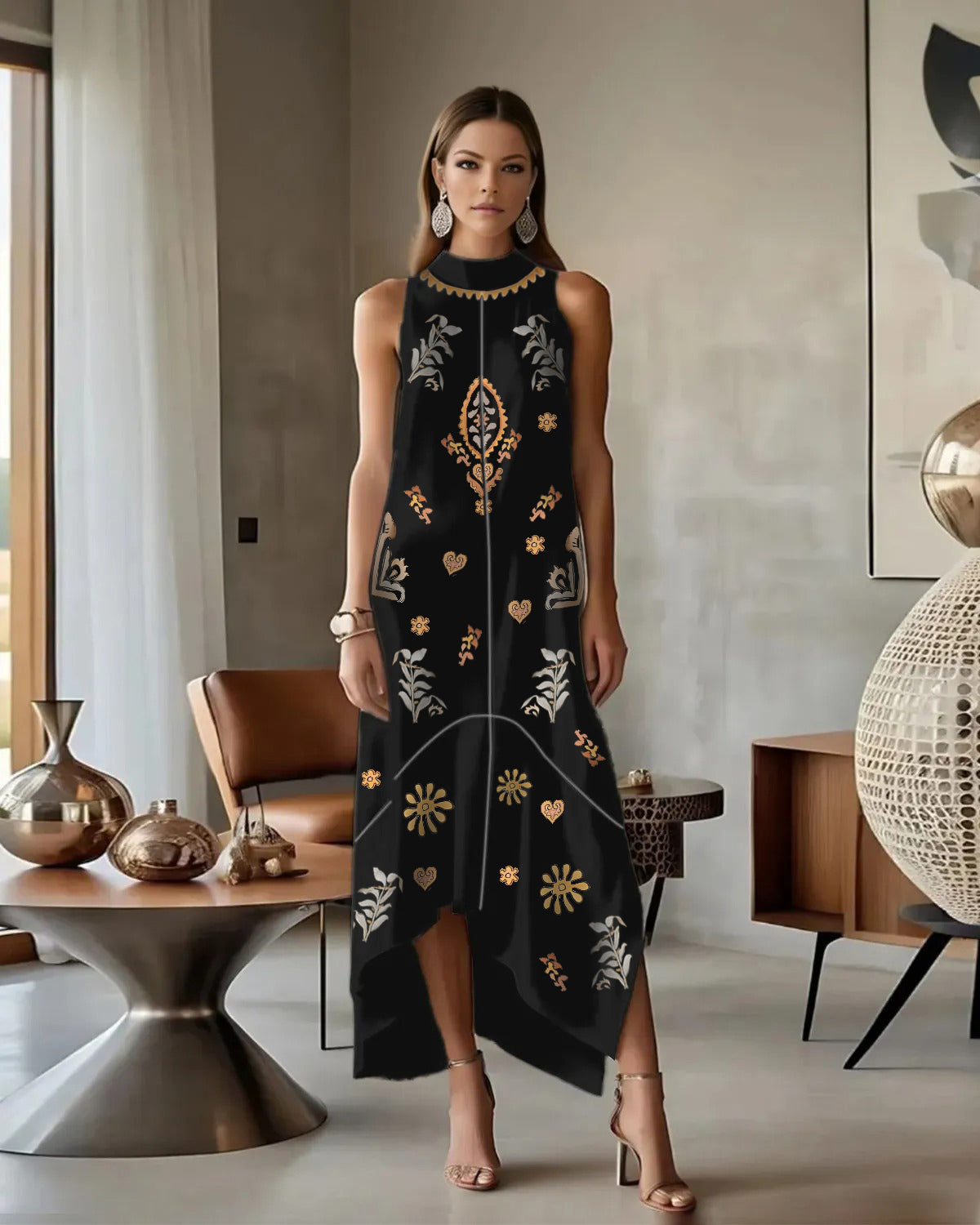 Ethnic Pattern Standing Collar Sleeveless Asymmetrical Hem Maxi Dress