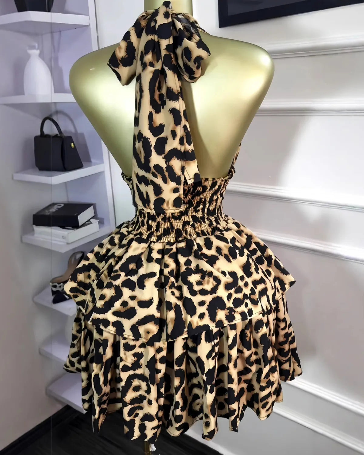 V-Neck Sleeveless Backless Waisted Pleated Puffy Mini Dress