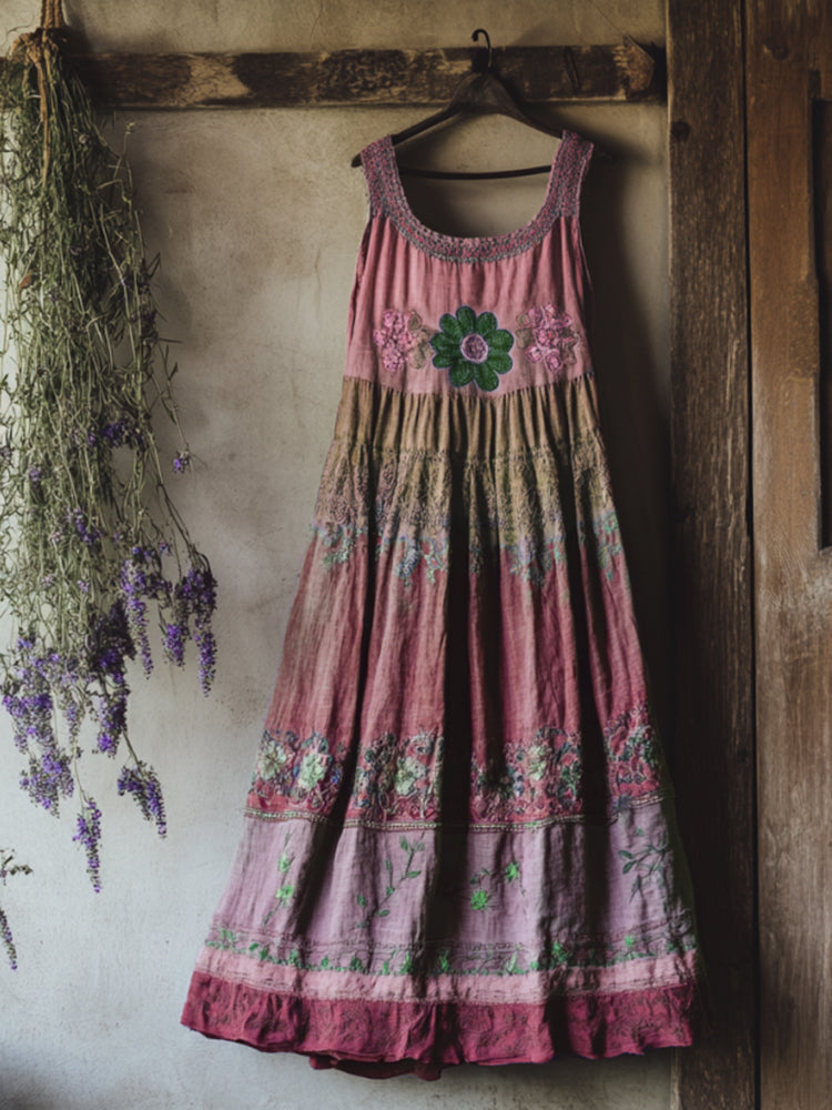 Vintage Bohemian Lavender Embroidery Patchwork Art Sleeveless Cozy Linen Maxi Dress