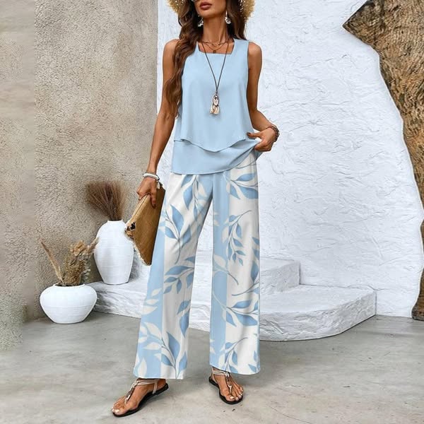 Women's Floral Printing Two-Piece Set Daily Sleeveless Casual Summer Top With Pants Matching Set