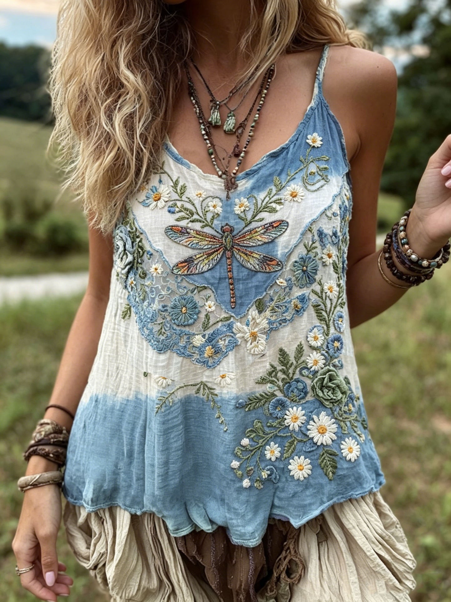 Women's Dragonfly & Floral Embroidered Ombre Boho Cami Top