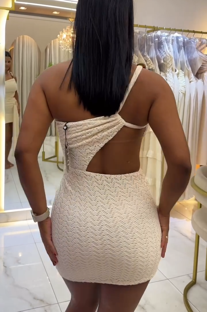 Beige Knit One-Shoulder Cutout Bodycon Mini Dress