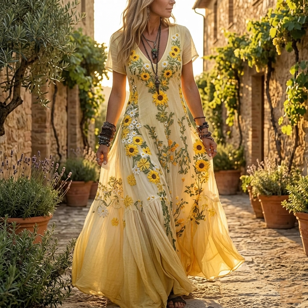 🌻 Women's Sunflower Embroidered Boho Maxi Dress