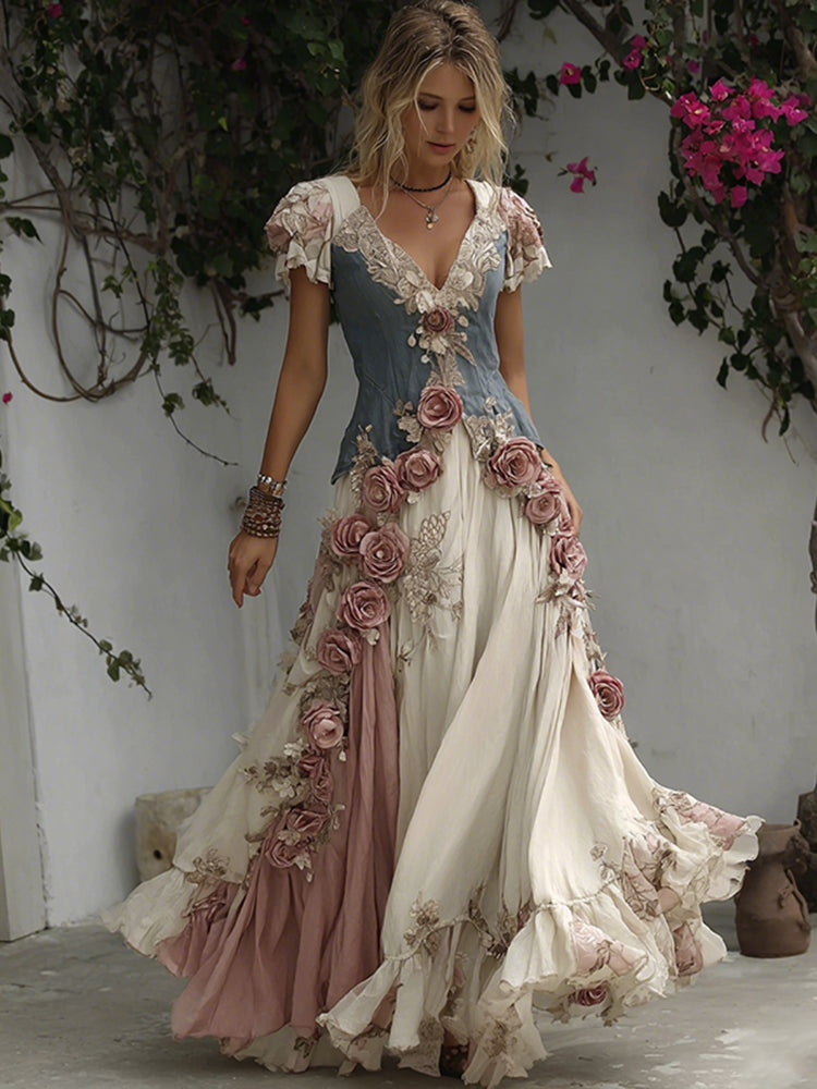 Women's Vintage Roses Embroidered Art Patchwork V Neck Short Sleeve Maxi Dress