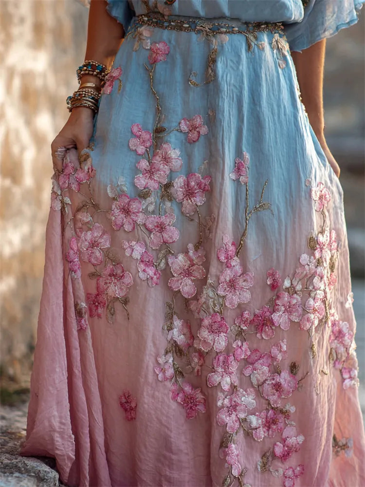 Sakura Horizon:Boho Japanese Cherry Blossom Gradient Flowy Wide Skirt