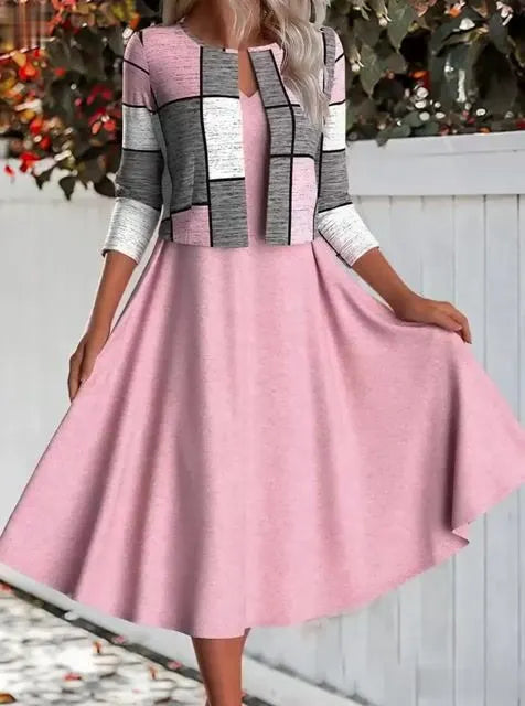 Women's Casual V-Neck Vest Dress and Contrast Color Cardigan Set