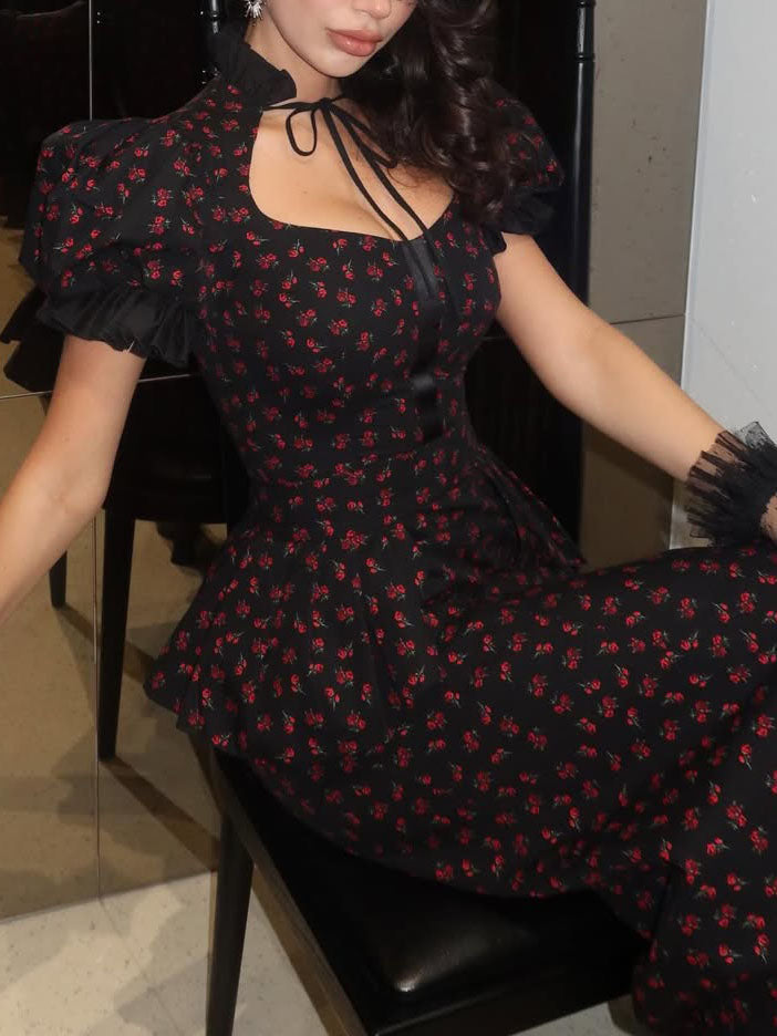 Rose Print Waist-Defining Maxi Dress