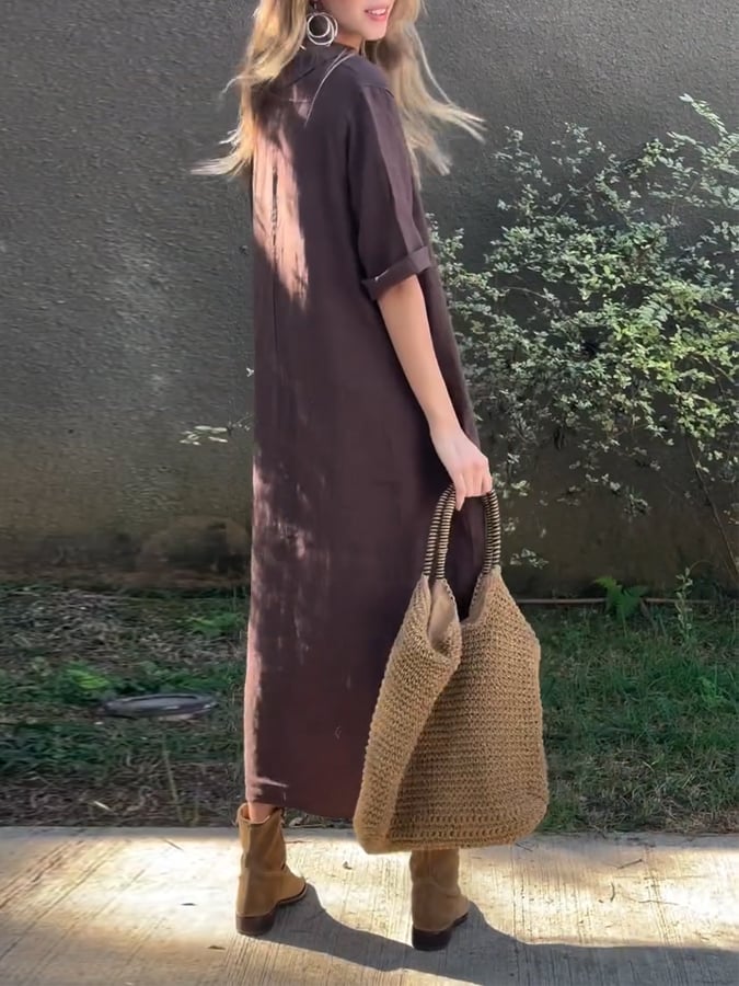 Women'S Casual Solid Color Round Neck Cotton And Linen Dress
