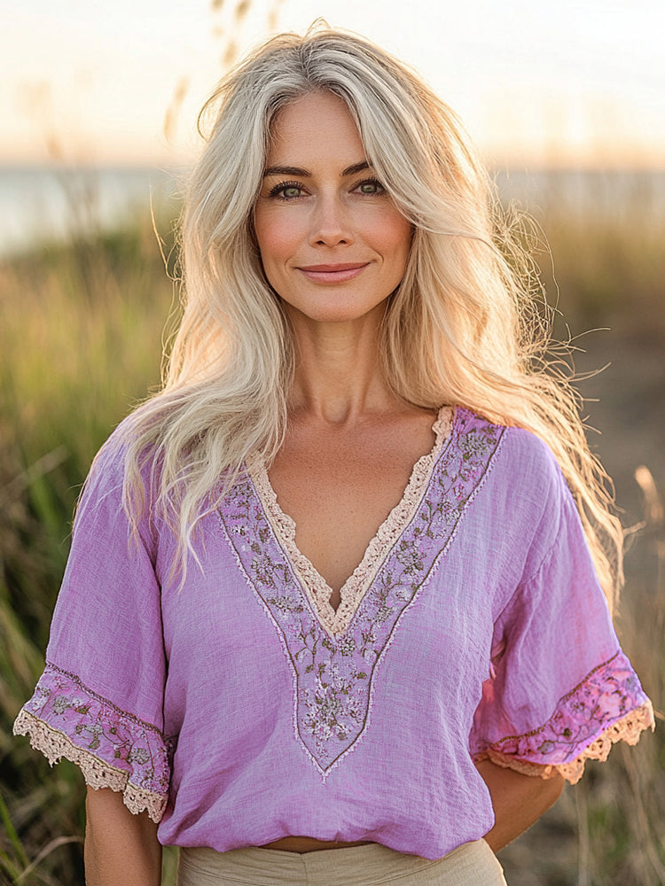 Women's Bohemian Retro Flowers Linen Blend T-shirt