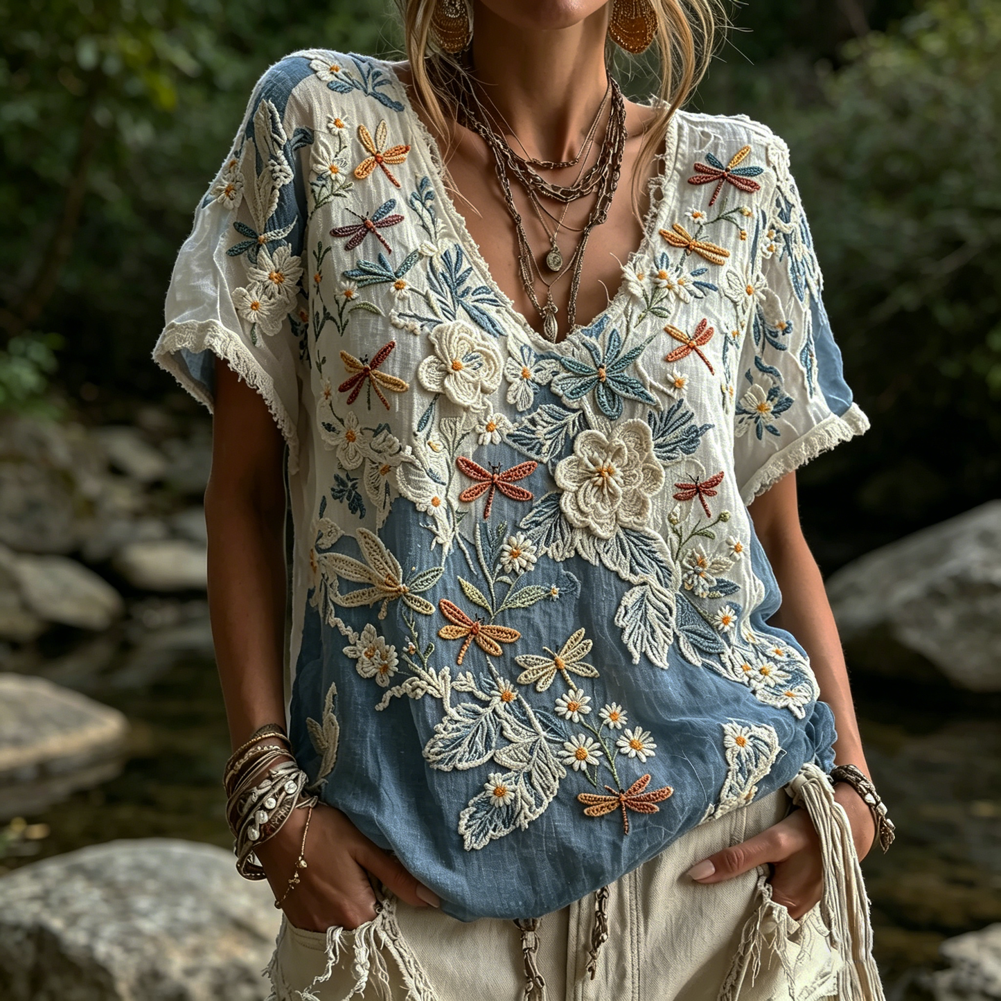 Women's Dragonfly & Floral Embroidered Ombre Boho Blouse