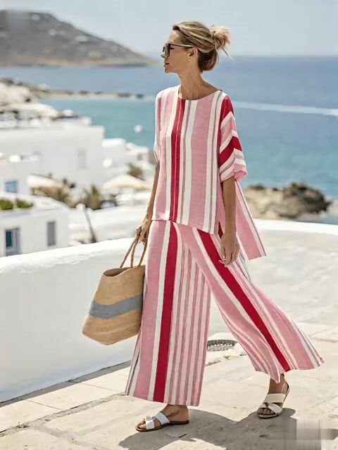 Women's Casual Loose Striped Pants Set
