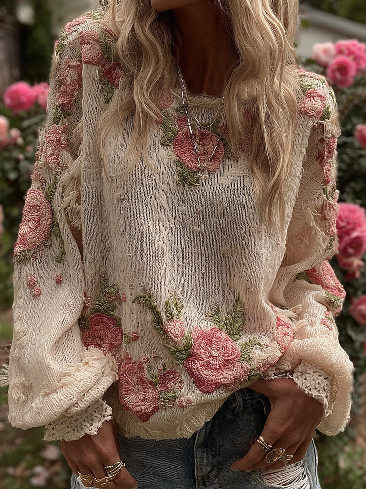 Women's Retro Rose Floral Art Cozy Crew Neck Sweater