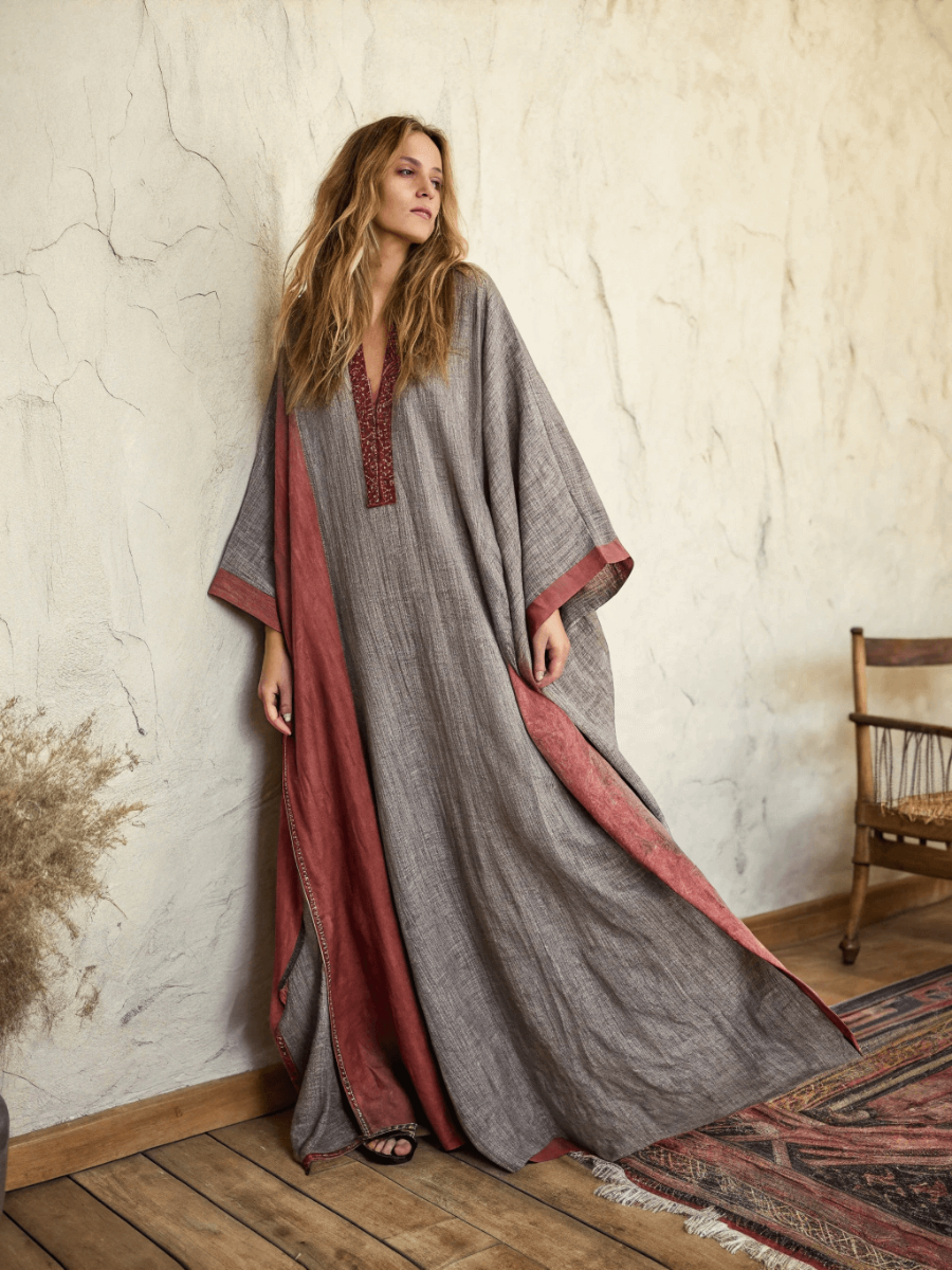 Linen Printed Kaftan Maxi Dress