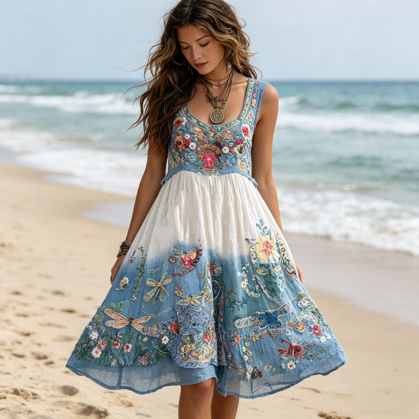 Women's Dragonfly & Floral Embroidered Ombre Boho Midi Dress