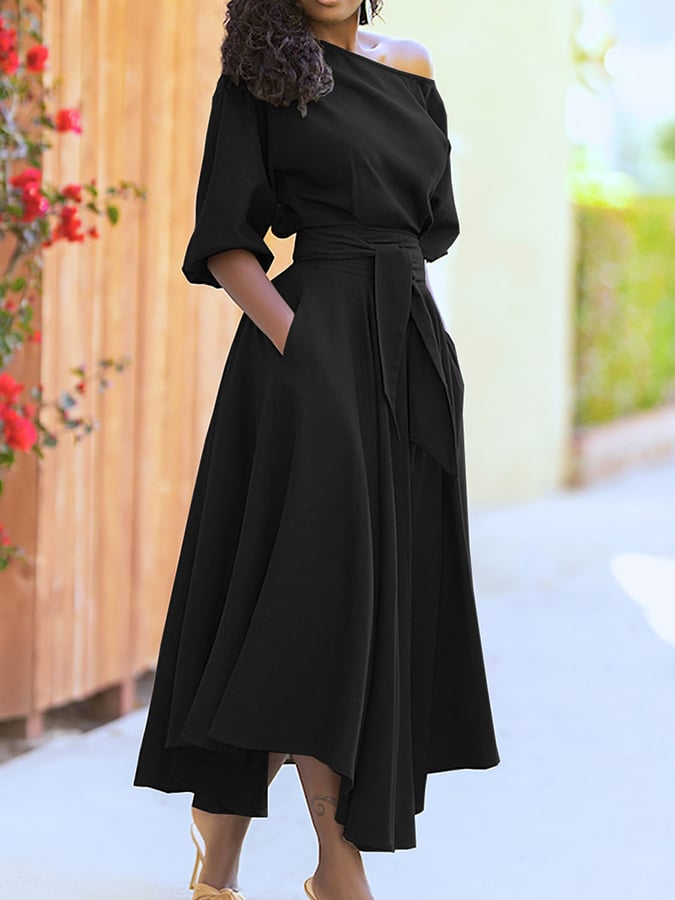 Slash Collar Tie Waist Pocket Dress