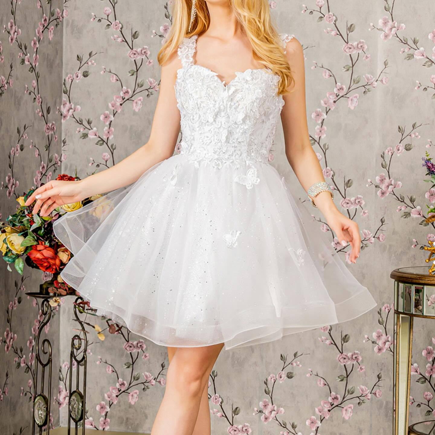 Sequin Butterfly Tulle Homecoming Dress with Sweetheart Neckline