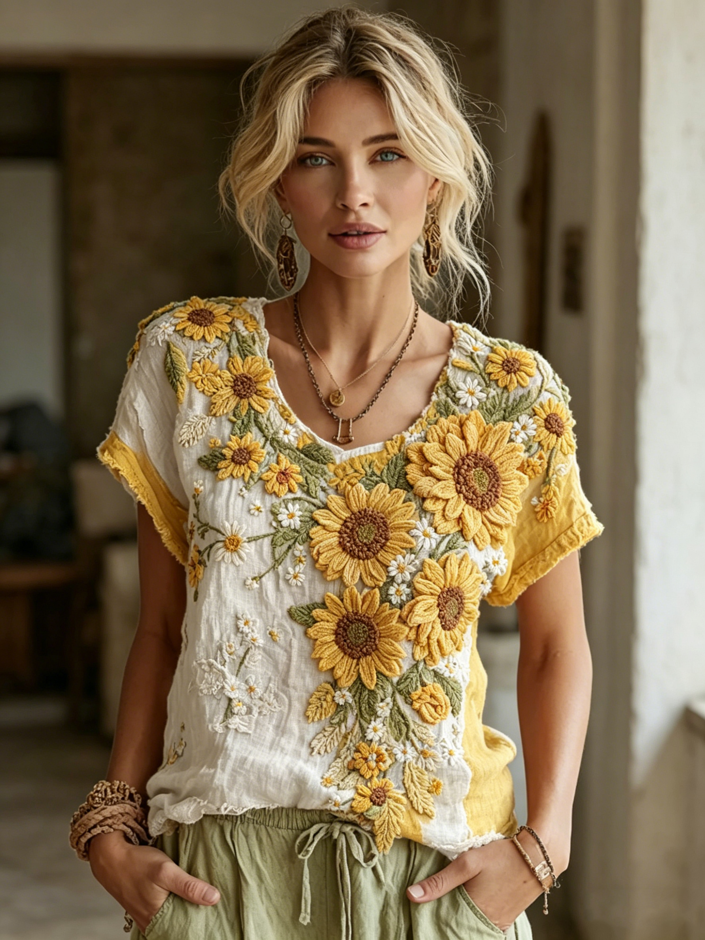 🌻 Women's Sunflower Embroidered Color Block Boho Top