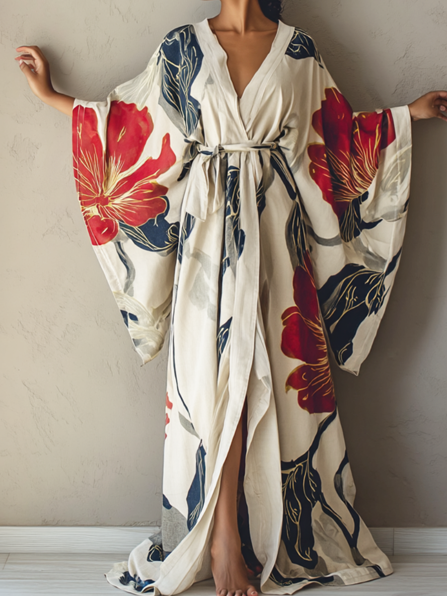 Women's Red Floral Kimono Linen Robe (Including Belt)