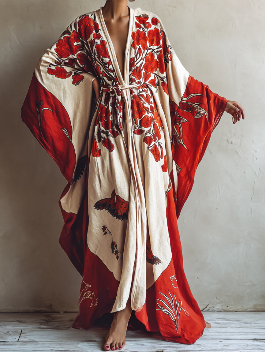 Women's Red Peony Kimono Linen Robe (Including Belt)