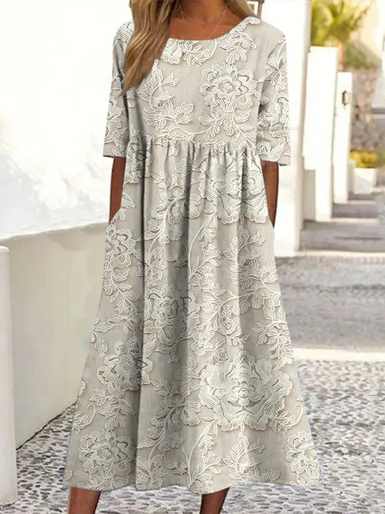 Women's Vintage Floral Print Linen Dress