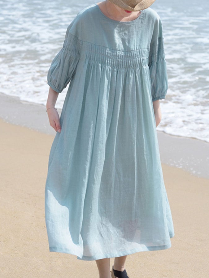 Women's Casual Solid Color Round Neck Shirring Dress