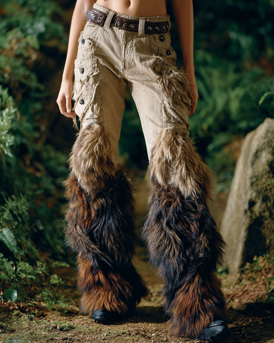 Women's Spring Viking-Inspired Embroidered Faux Fur Patchwork Design Trousers 8077