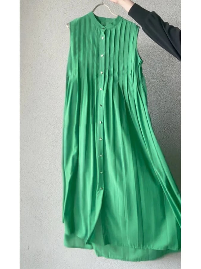 Women's casual sleeveless pleated solid color cotton and linen dress