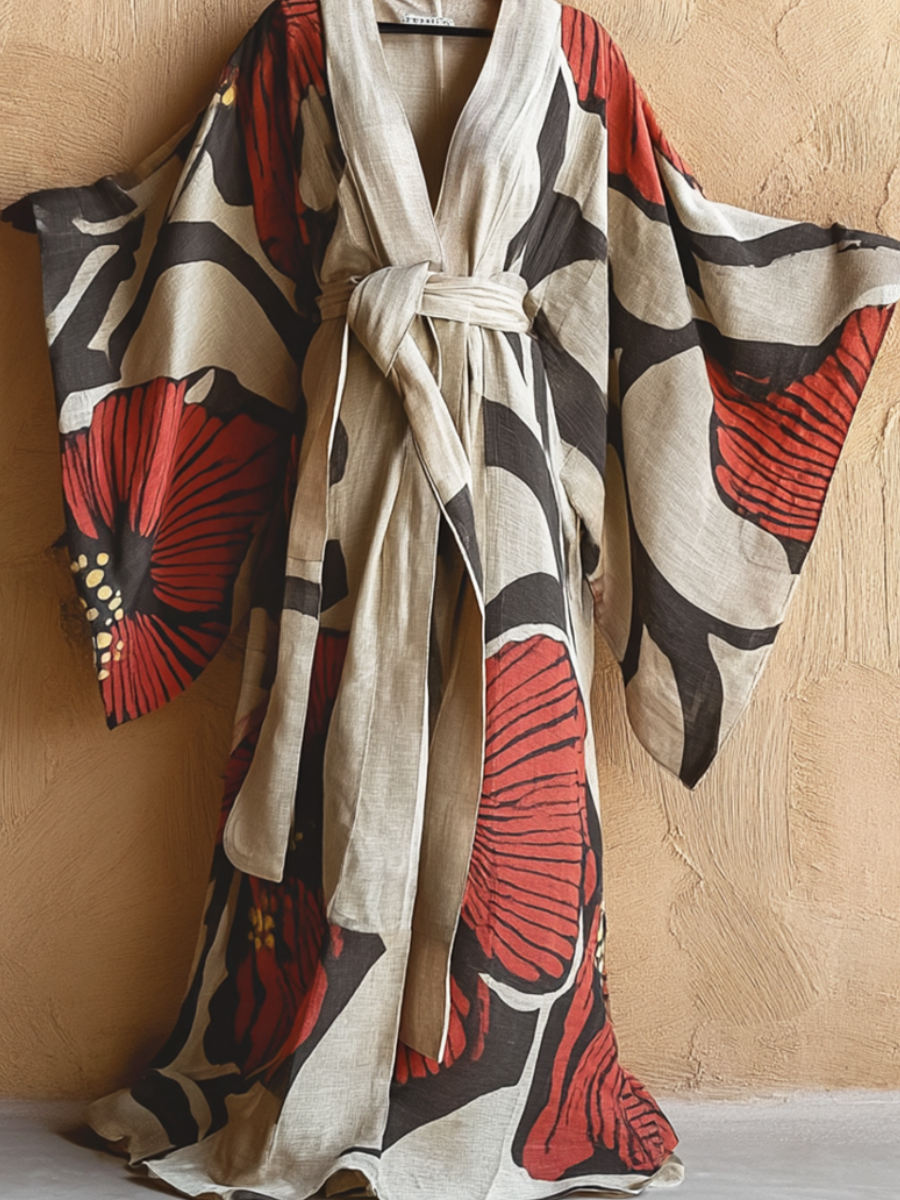 Women's Red Floral Kimono Linen Robe (Including Belt)