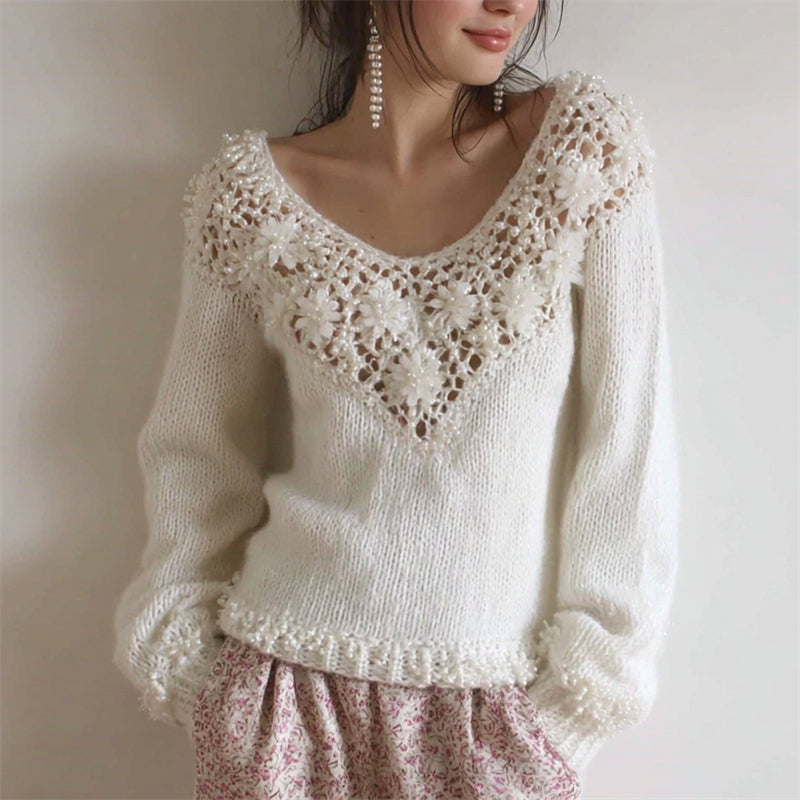 Vintage Pearls Beaded Floral Lace Cozy Knit Sweater
