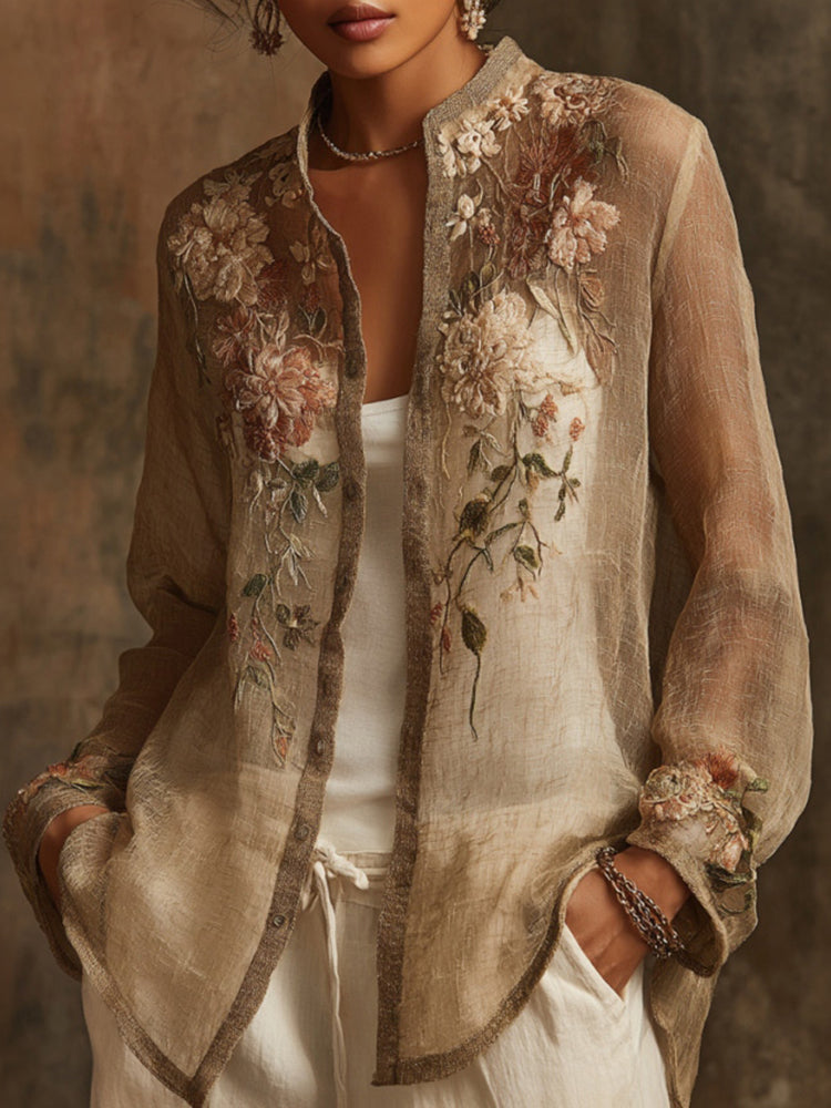 Women's Bohemian Floral Linen Shirt