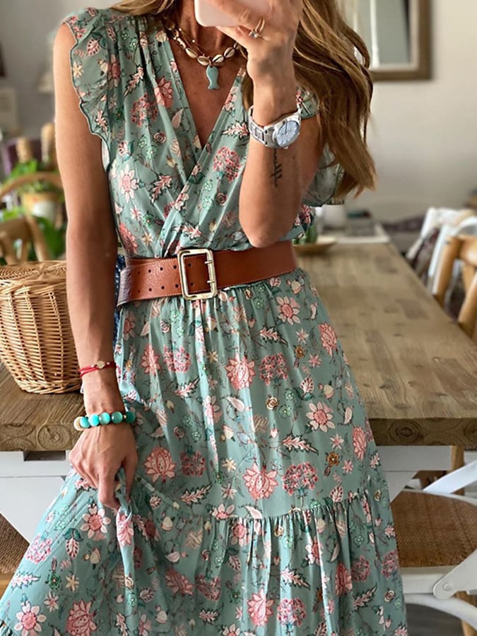 V-Neck Sleeveless Bohemian Print Mid Length Dress