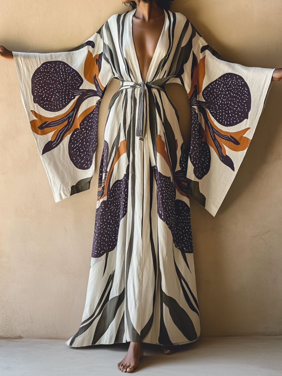 Violet Whisper Kimono Linen Long Gown Robe With Belt
