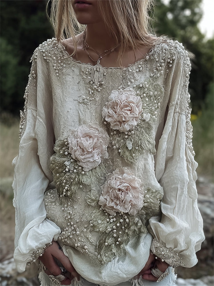 Vintage Pink Flowers Fiber Art Beaded Flowy Linen Tunic
