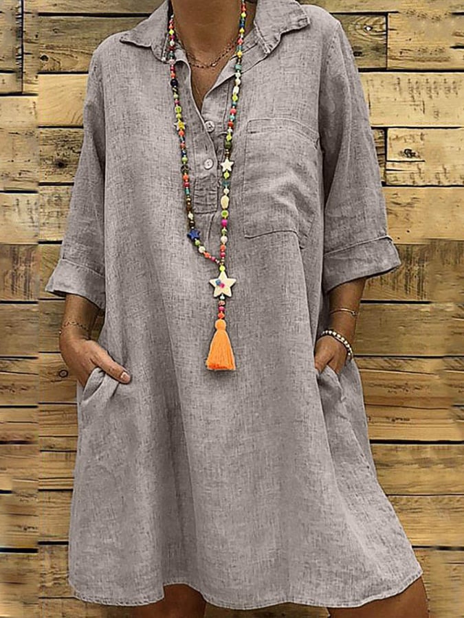Ladies Plus Size 3/4 Sleeve Shirt Collar Casual Dress